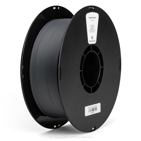 Reel of matte ash grey PLA 3D printing filament on a black plastic spool, shown from a three-quarter front view angle with a white background.