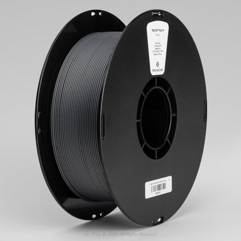 Reel of matte ash grey PLA 3D printing filament on a black plastic spool, shown from a three-quarter front view angle with a light grey background.
