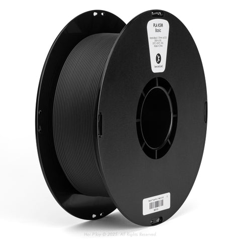 Reel of matte black PLA 3D printing filament on a black plastic spool, shown from a three-quarter front view angle with a white background.