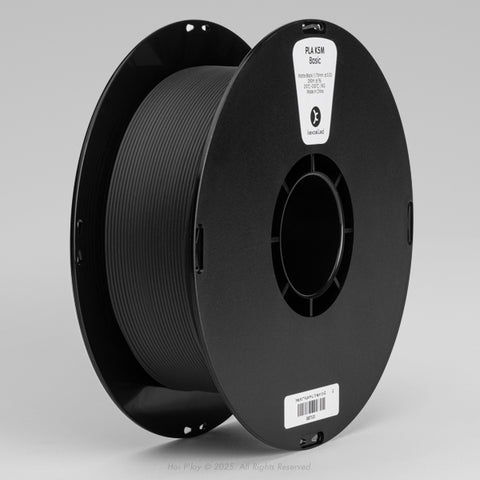 Reel of matte black PLA 3D printing filament on a black plastic spool, shown from a three-quarter front view angle with a light grey background.
