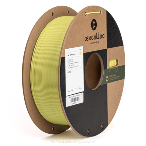 Reel of matte hot yellow PLA 3D printing filament on a recycled cardboard spool, shown from a three-quarter front view angle with a white background.