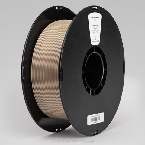 Reel of matte malt clay PLA 3D printing filament on a black plastic spool, shown from a three-quarter front view angle with a light grey background.