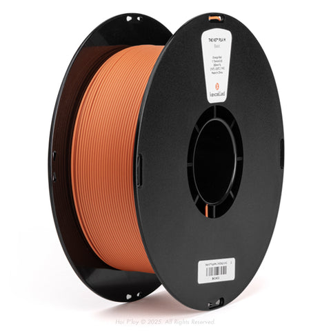 Reel of matte orange red PLA 3D printing filament on a recycled cardboard spool, shown from a three-quarter front view angle with a white background.