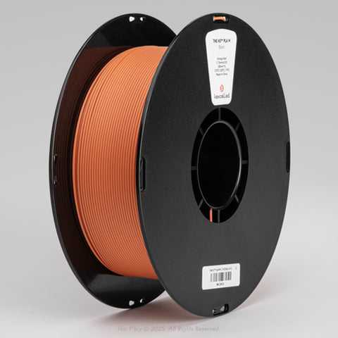 Reel of matte orange red PLA 3D printing filament on a recycled cardboard spool, shown from a three-quarter front view angle with a light grey background.