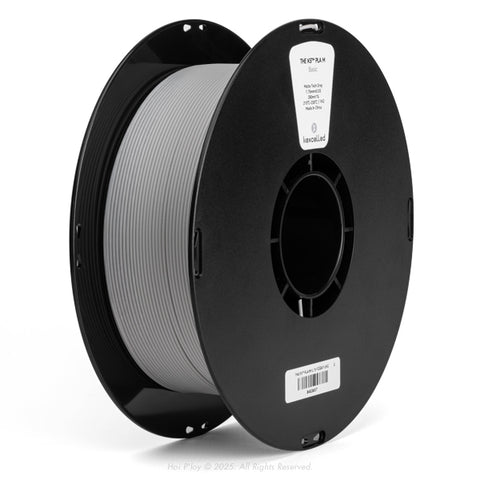 Reel of matte tech grey PLA 3D printing filament on a black plastic spool, shown from a three-quarter front view angle with a white background.