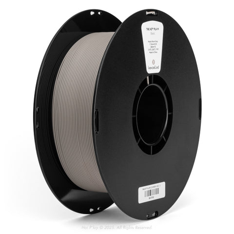 Reel of matte warm grey PLA 3D printing filament on a black plastic spool, shown from a three-quarter front view angle with a white background.