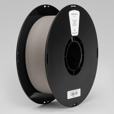 Reel of matte warm grey PLA 3D printing filament on a black plastic spool, shown from a three-quarter front view angle with a light grey background.
