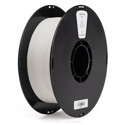 Reel of matte white PLA 3D printing filament on a black plastic spool, shown from a three-quarter front view angle with a white background.