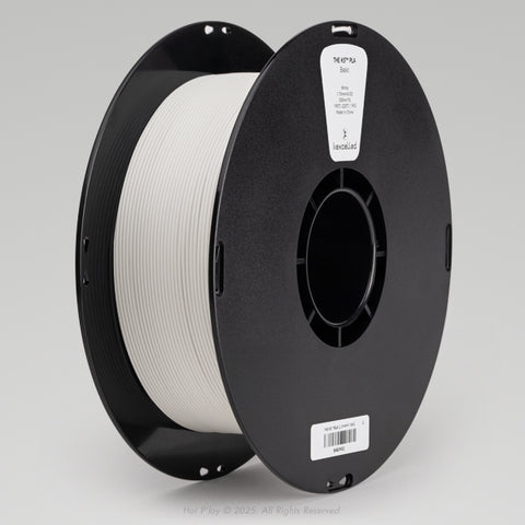 Reel of matte white PLA 3D printing filament on a black plastic spool, shown from a three-quarter front view angle with a light grey background.