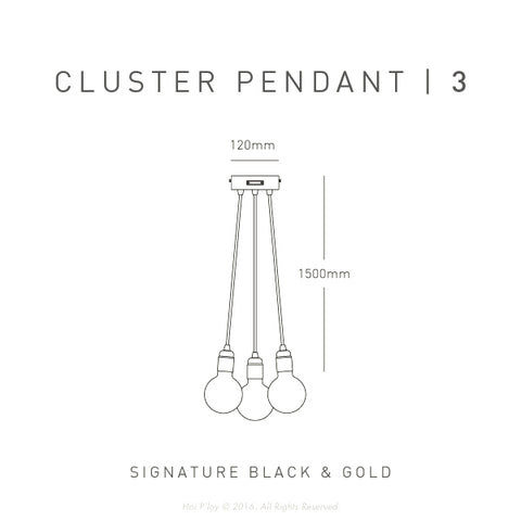 Black & Gold Cluster Ceiling Pendant Light (3 Pendants, 1.5m ea) - Dimensions