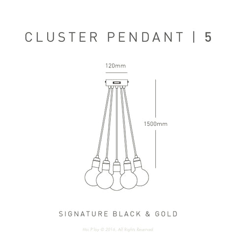 Black & Gold Cluster Ceiling Pendant Light (5 Pendants, 1.5m ea) - Dimensions 