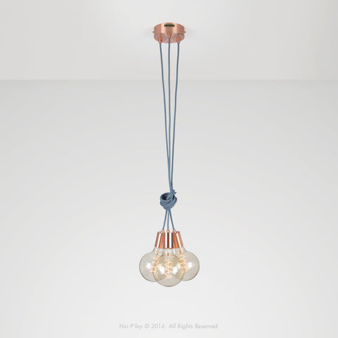 Copper Cluster 3 Ceiling Pendant Light - Blue Fabric Cable 