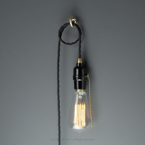 Bakelite Pullchain Portable Pendant Light - Twisted Black Hanging