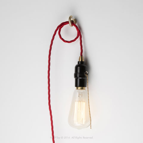 Bakelite Pullchain Portable Pendant Light - Twisted Hanging Red