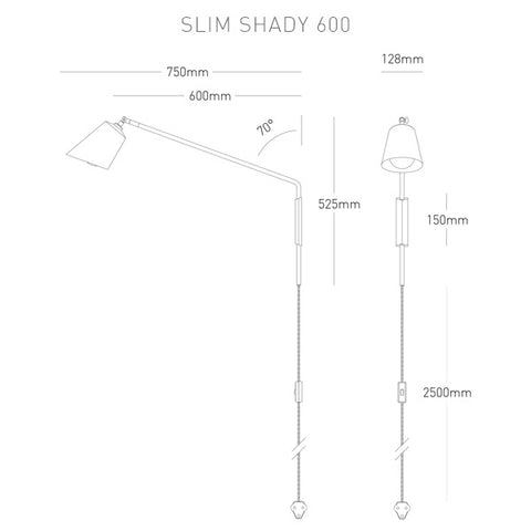 Charcoal Grey Monotone Slim Shady Wall Light - Dimensions 